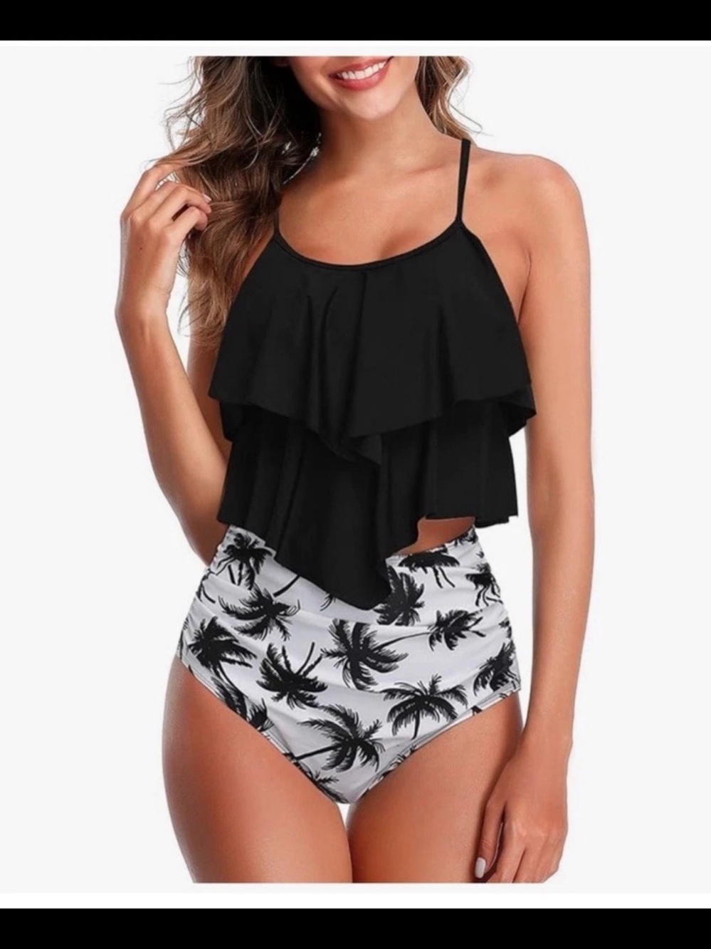 Adisputent Women's Black & White Ruffle Two Piece Swimsuit